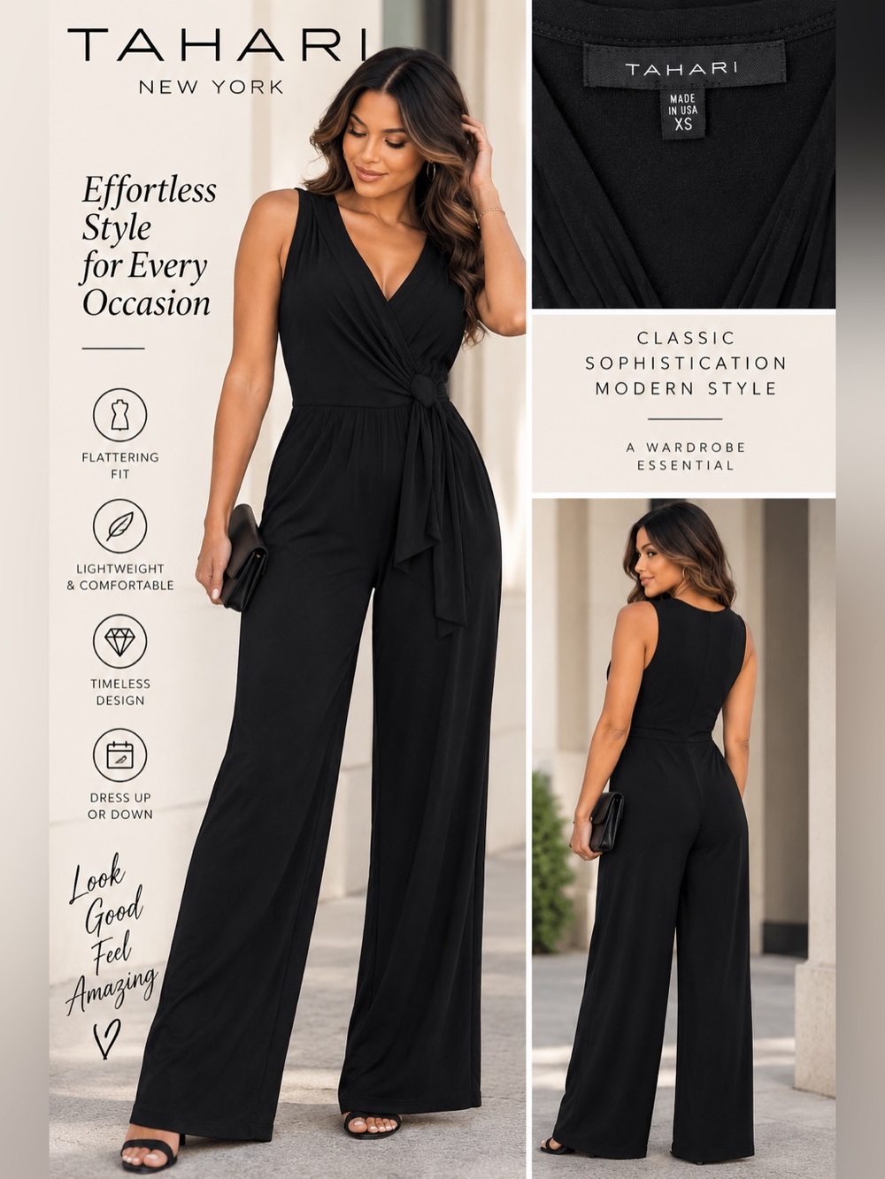 Tahari Black Sleeveless Wrap-Front Wide Leg Jumpsuit